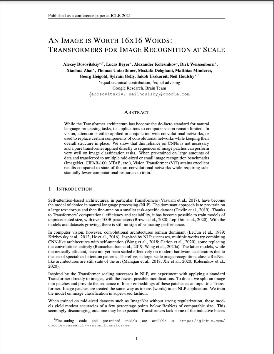 An Image is Worth 16x16 Words: Transformers for Image Recognition at Scale